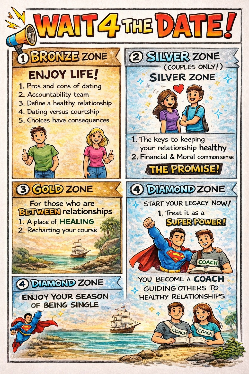 Wait4TheDate: Bronze Zone (Enjoy Life), Silver Zone (couples only), Gold Zone (between relationships), and Diamond Zone (season of being single)